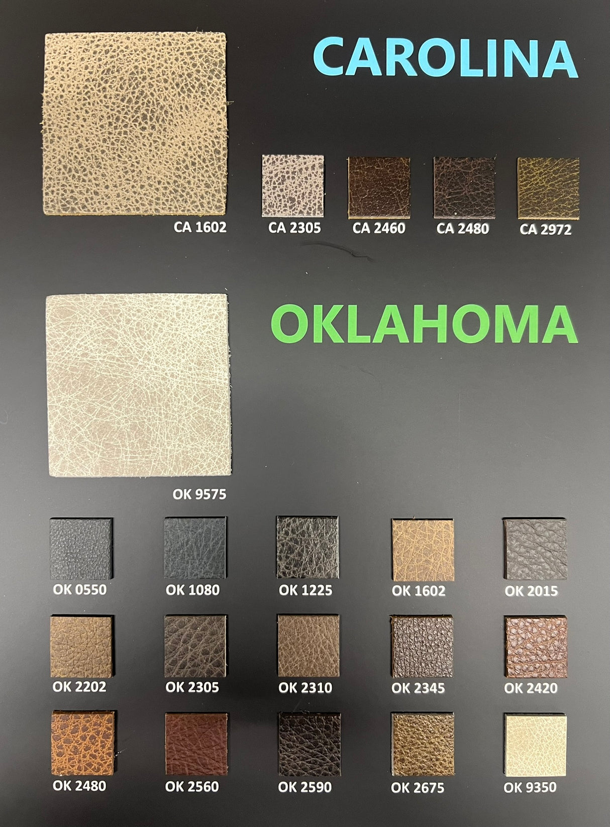 Color swatches labeled 'Carolina' and 'Oklahoma' with various texture samples.
