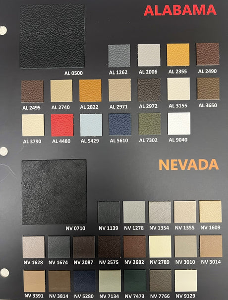 Color swatch chart for Alabama and Nevada with leather texture samples.