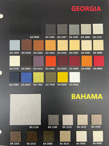 Leather swatch card with 'Bahama' and 'Georgia' branding